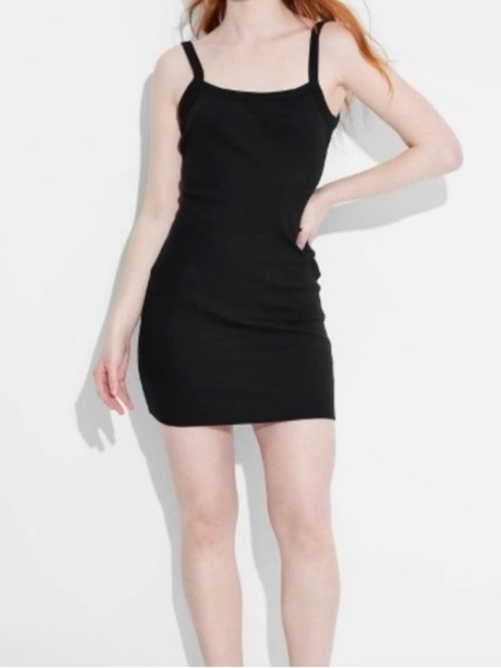 Wild Fable Black Ribbed Knit Square Neck Strappy Stretch Bodycon Mini Dress L
